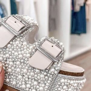Silver and White Crystal Embellished Sandals with Double-Strap Design